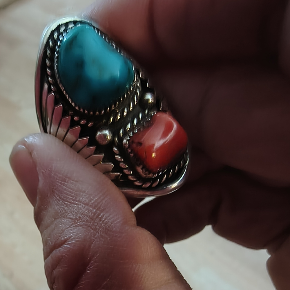 Turquoise and Coral Silver Ring - Picture 2 of 3
